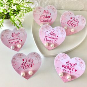 Tag coração + par de brinco de pérolas- dia das mães